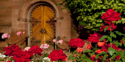 Castle door and rose garden