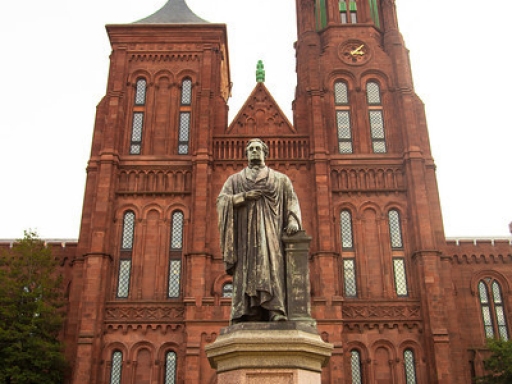 View of Joseph Henry statue in front of the Smithsonian Castle.