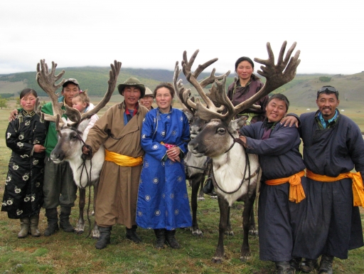 Tsaatan guides with their wives, children, and reindeer, Darkhad Valley, northern Mongolia, Sept 2009. Credit: Paula DePriest