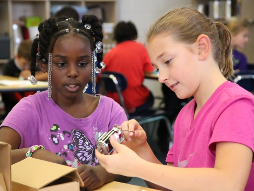 Two young girls working with science project.